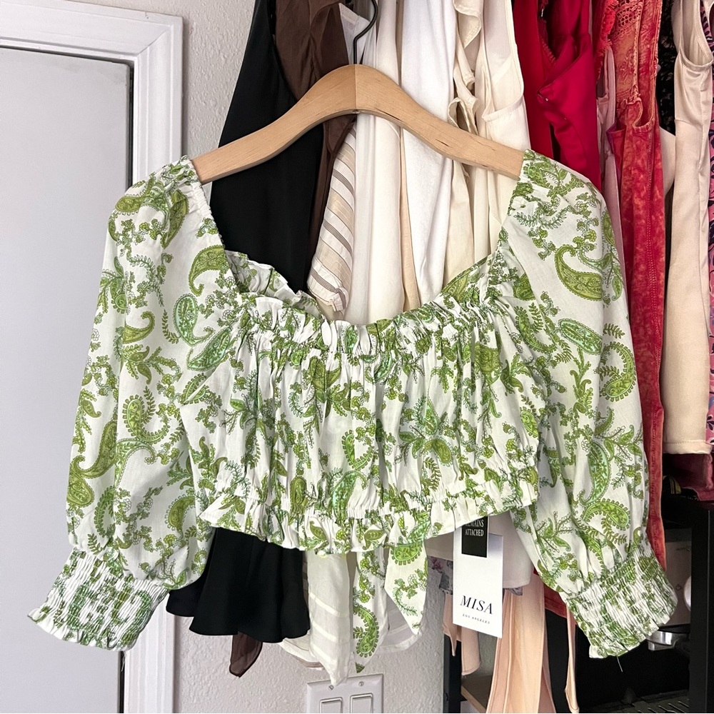 NWT MISA LOS ANGELES green white paisley puff cropped tie back blouse